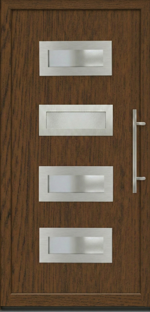 Ulazna vrata model PM 007 u dezenu tamni orah sa četiri horizontalna pravougaona stakla i inoks rukohvatom.