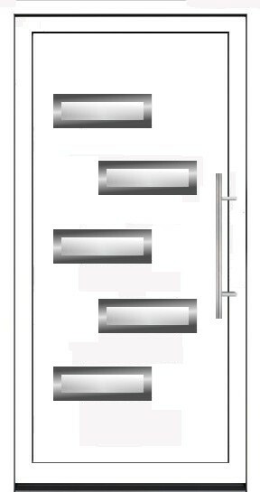 Minimalistička bela vrata sa pet pravougaonih prozora postavljenih u cik-cak rasporedu i vertikalnim metalnim rukohvatom.