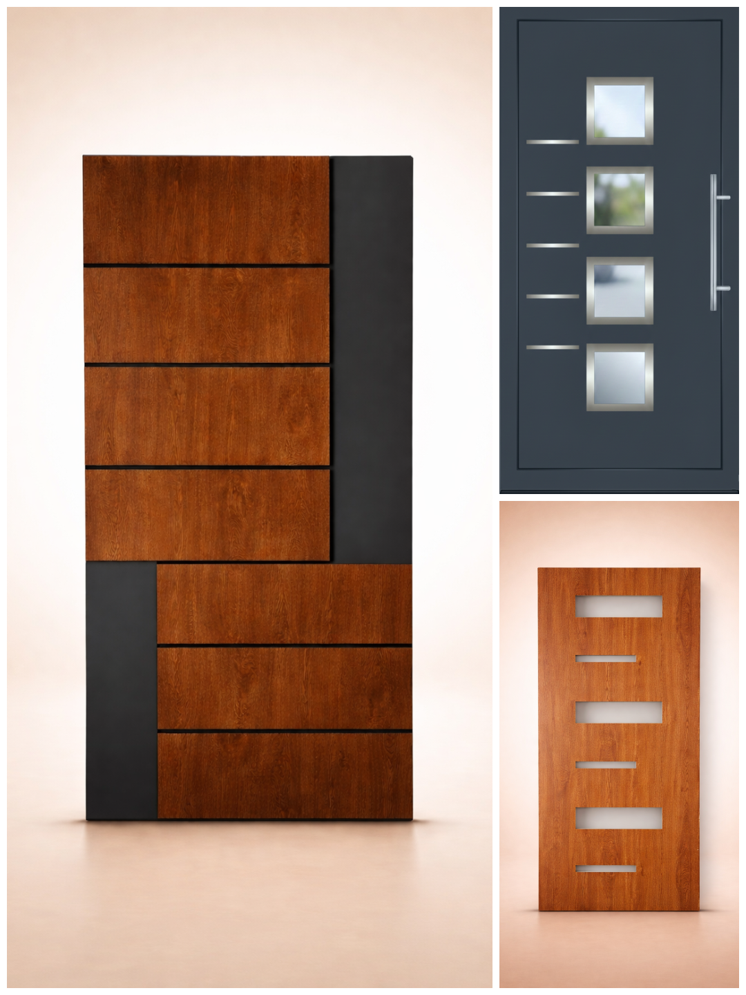 Kolaž modernih ulaznih vrata i dekorativnih panela u dezenu toplog oraha i antracit boji, sa horizontalnim linijama i staklenim umecima.