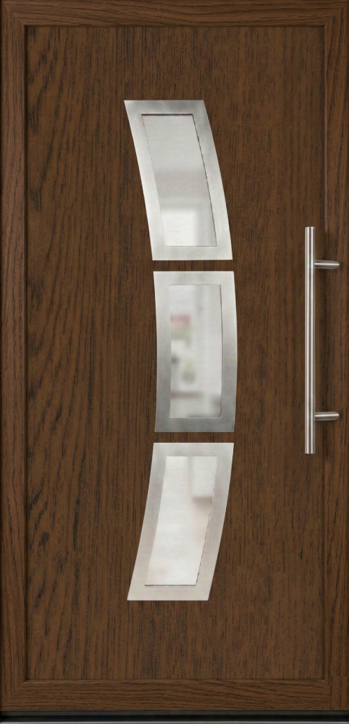 Model ulaznih vrata PM 018 u dezenu orah sa tri asimetrična staklena panela i inox aplikacijama