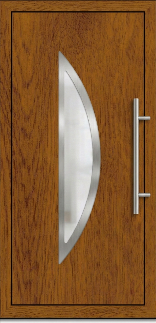 Ulazna vrata PM 023 u dezenu zlatni hrast sa zakrivljenim vertikalnim staklenim panelom i modernom metalnom ručkom