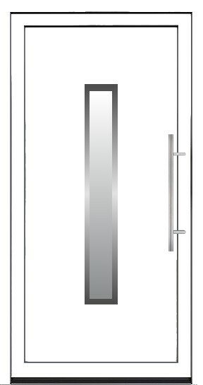 Minimalistička bela ulazna vrata sa jednim dugačkim vertikalnim staklom na sredini i inox rukohvatom.