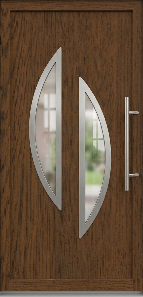 Model ulaznih vrata PM 022 u dezenu orah sa dva zakrivljena staklena panela i inox aplikacijama