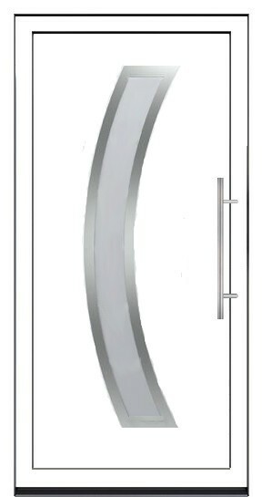 Moderna bela ulazna vrata sa velikim lučnim staklenim panelom i metalnom ručkom.