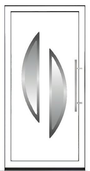 Moderna bela ulazna vrata sa dva asimetrična staklena otvora u obliku polumeseca i dugom metalnom ručkom.