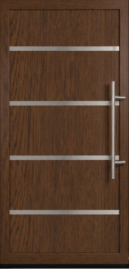 Ulazna vrata PM 030 u dezenu orah sa horizontalnim inox lajsnama.