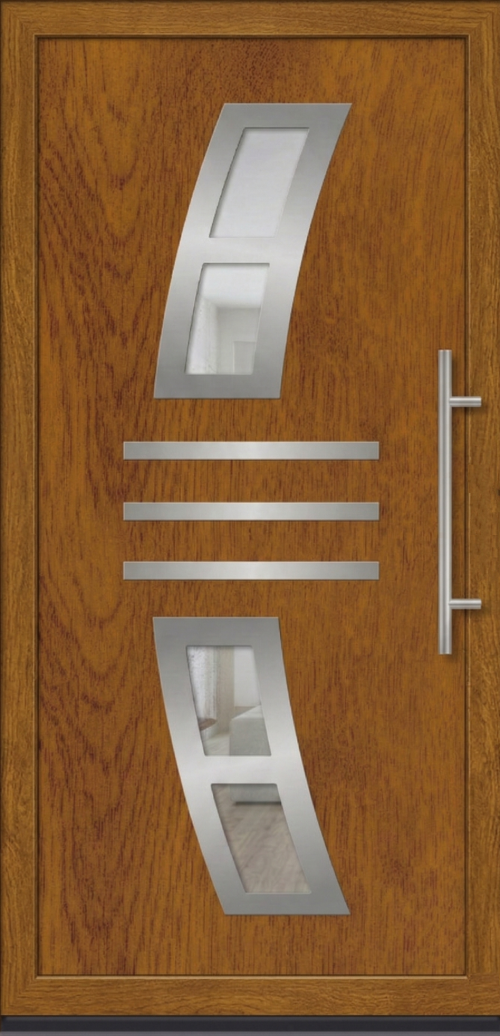 Model ulaznih vrata PM 019 u dezenu zlatni hrast sa zakrivljenim staklenim panelima i inox dekorativnim linijama