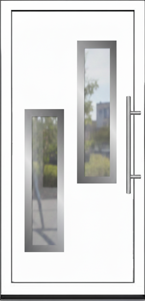 Moderna bela ulazna vrata sa dva dugačka pravougaona staklena otvora postavljena asimetrično.