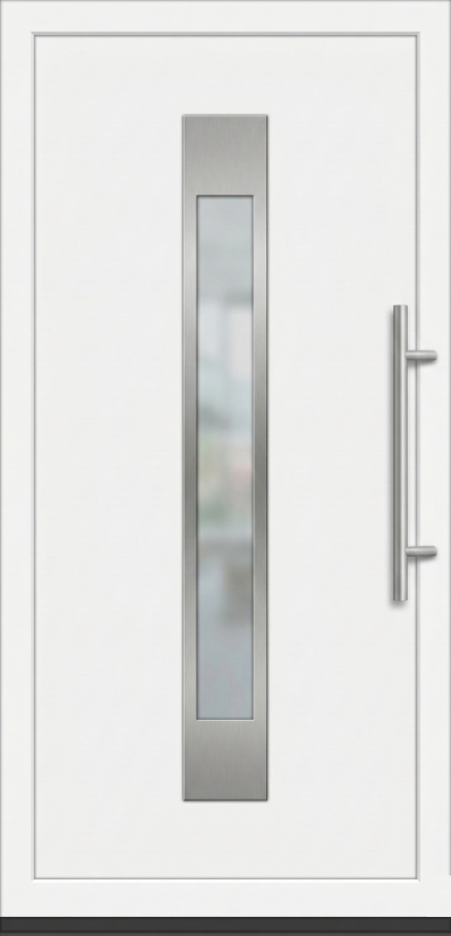 Moderna bela ulazna vrata sa centralnim vertikalnim staklom i dugačkom metalnom ručkom.