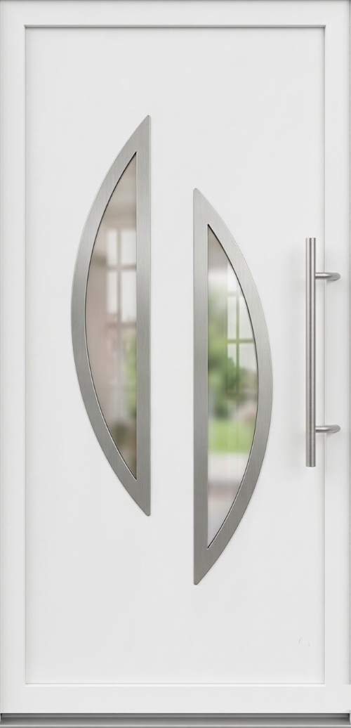 Moderna bela ulazna vrata PM 022 sa dva asimetrična lučna stakla i dugačkim inox rukohvatom.