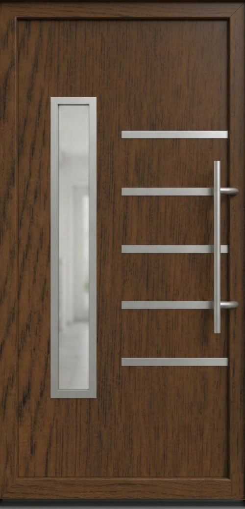 Ulazna vrata PM 016 u dezenu orah sa vertikalnim staklenim panelom i pet horizontalnih inox ukrasnih lajsni