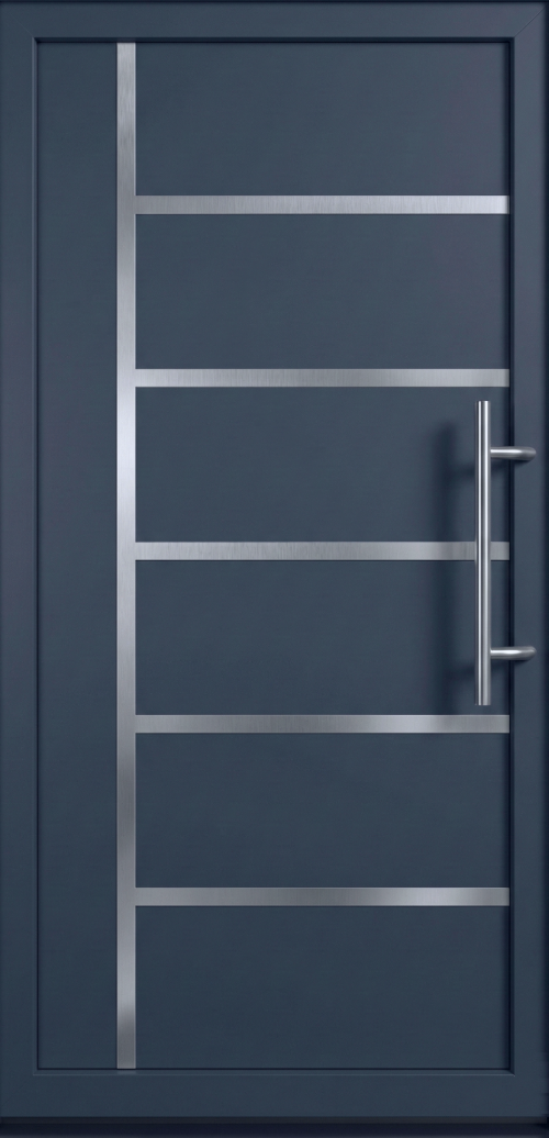 Moderna antracit ulazna vrata PM 029 sa horizontalnim inox lajsnama.