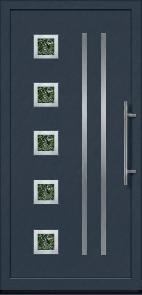 Ulazna vrata model PM 009 u antracit sivoj boji sa pet kvadratnih stakala, dve vertikalne inoks trake i modernim rukohvatom.