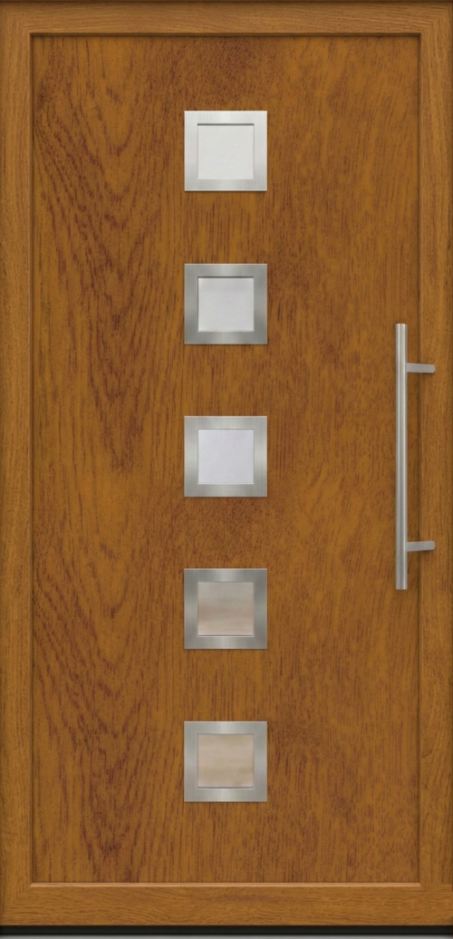 Model ulaznih vrata PM 010 u dezenu zlatni hrast sa pet kvadratnih staklenih panela i inox ručkom