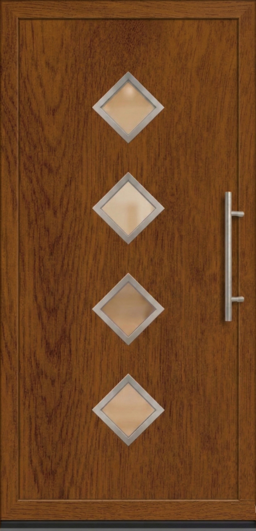 Ulazna vrata PM 012 u dezenu zlatni hrast sa četiri dijagonalna staklena panela i modernom metalnom ručkom