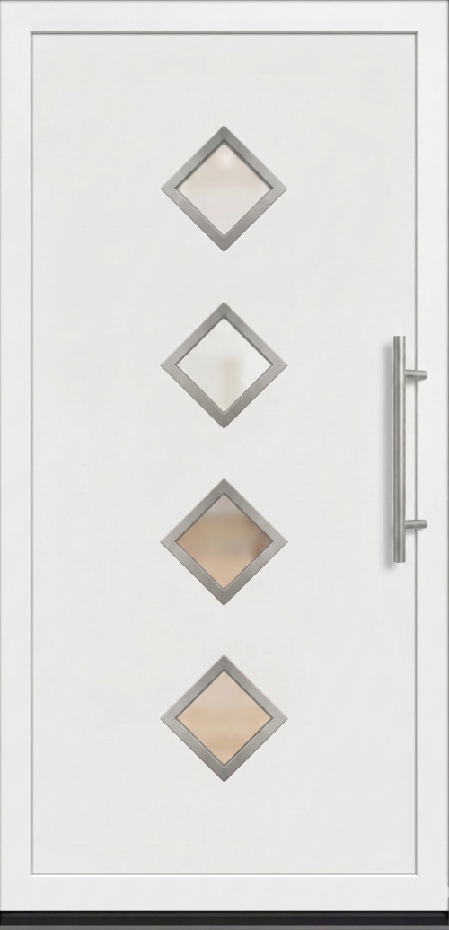Ulazna vrata model PM 012 u beloj boji sa četiri romboidna (dijagonalno postavljena) dekorativna stakla i dugom inox ručkom sa desne strane.