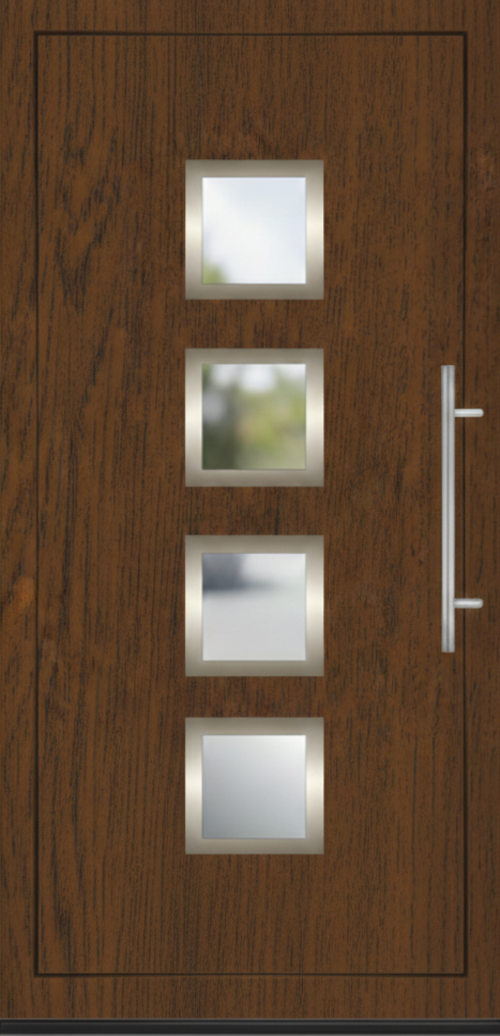 Ulazna vrata model PM 002 u dezenu tamni orah sa četiri kvadratna stakla i vertikalnim inoks rukohvatom.