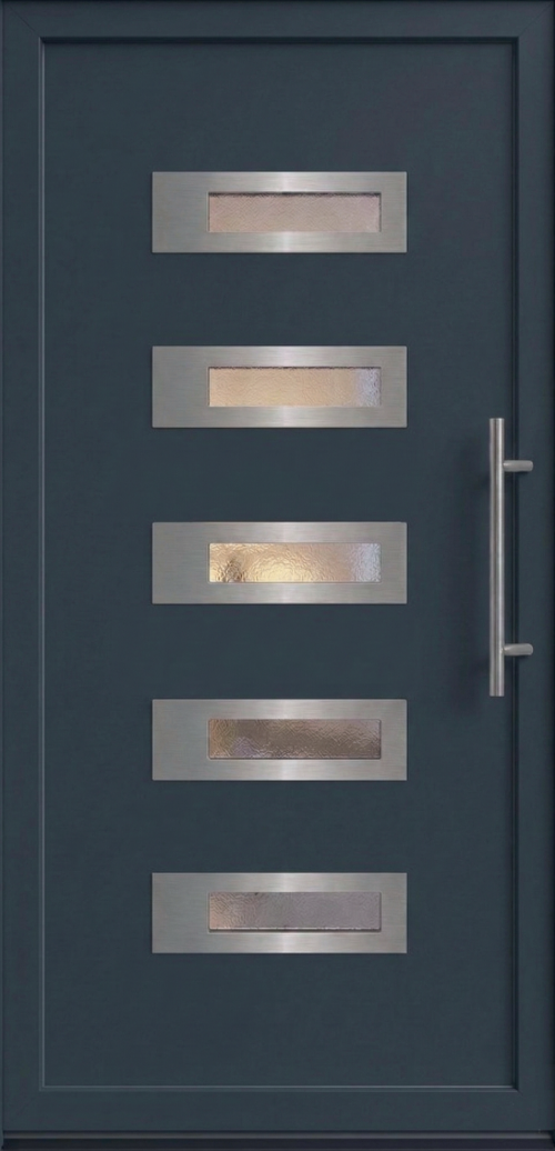 Model ulaznih vrata PM 028 u dezenu antracit sa pet horizontalnih staklenih panela i inox okvirima