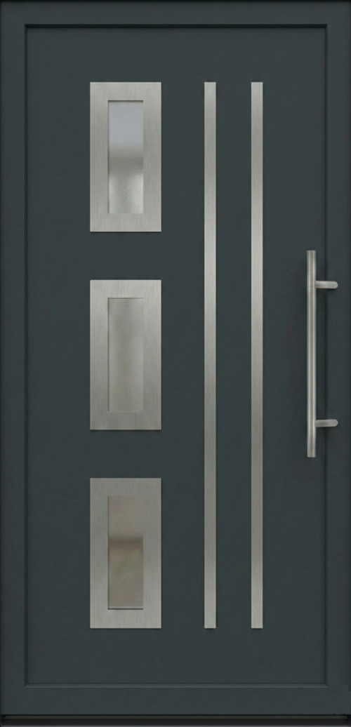 Model ulaznih vrata PM 006 u dezenu antracit sa tri dekorativna staklena panela i inox aplikacijama