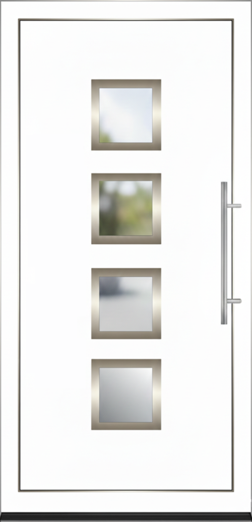 Moderna bela vrata sa četiri centralno postavljena kvadratna prozora i dugom metalnom ručkom.