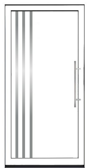 Moderna bela ulazna vrata sa tri vertikalne inox aplikacije i dugačkom metalnom ručkom.