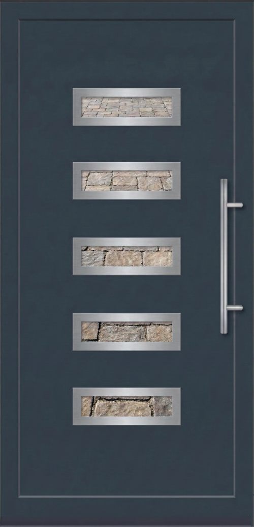 Model ulaznih vrata PM 025 u dezenu antracit sa pet horizontalnih staklenih panela i inox okvirima