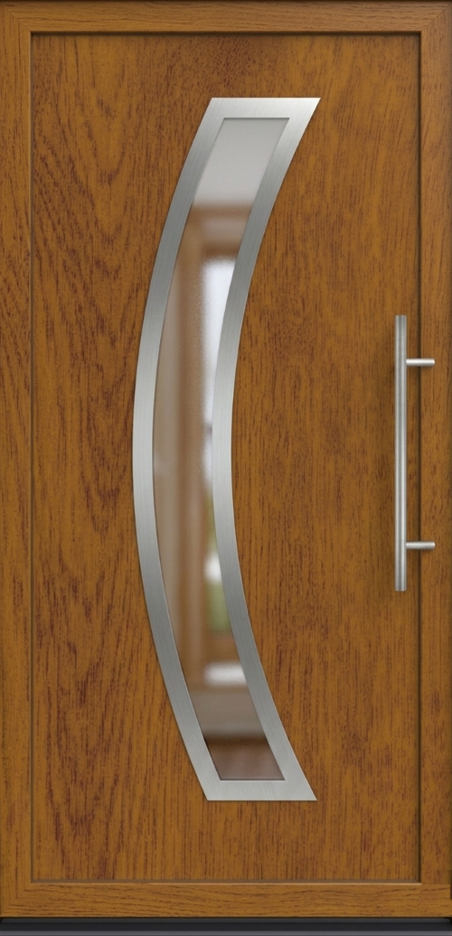 Model ulaznih vrata PM 021 u dezenu zlatni hrast sa velikim zakrivljenim staklenim panelom i inox aplikacijom