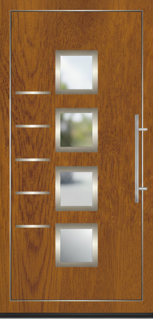Moderna ulazna vrata u dezenu zlatni hrast sa četiri kvadratna staklena panela i dugačkom metalnom ručkom.