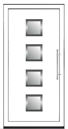 Moderna bela vrata sa četiri centralno postavljena kvadratna prozora i dugom metalnom ručkom.
