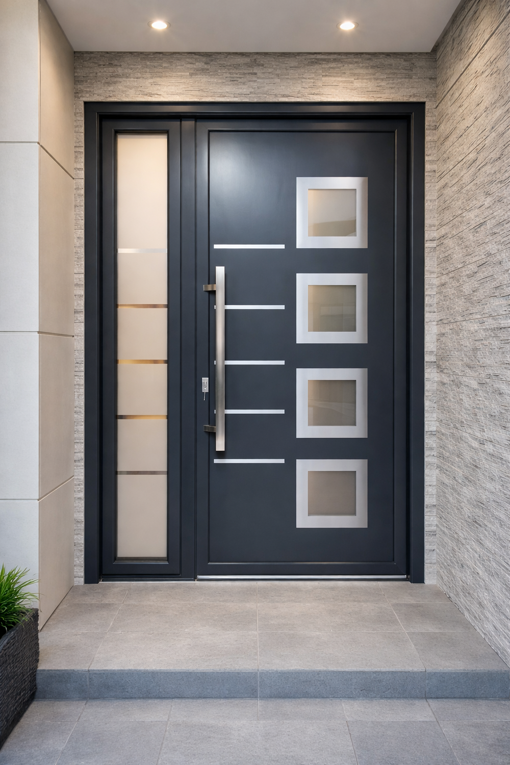 Elegantna moderna ulazna vrata sa staklenim panelima i inox detaljima – premium dizajn za savremenu kuću Moderna tamno siva aluminijumska ulazna vrata sa inox rukohvatom i mat staklenim panelima, u premium kamenom portalu moderne kuće