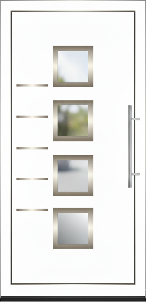 Moderna bela ulazna vrata sa četiri kvadratna staklena panela i dugačkom metalnom ručkom.