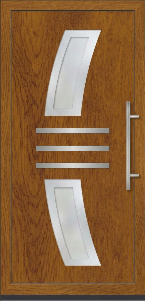 Ulazna vrata PM 020 u dezenu zlatni hrast sa dva zakrivljena staklena panela, tri horizontalne metalne trake i modernom vertikalnom ručkom