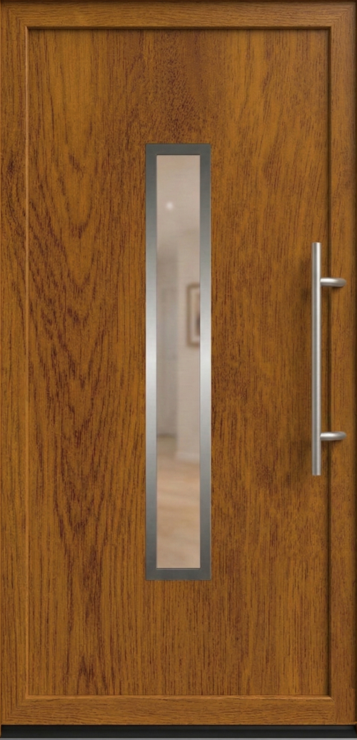 Ulazna vrata model PM 013 u dezenu zlatni hrast sa jednim dugim vertikalnim staklom na sredini i modernim rukohvatom.