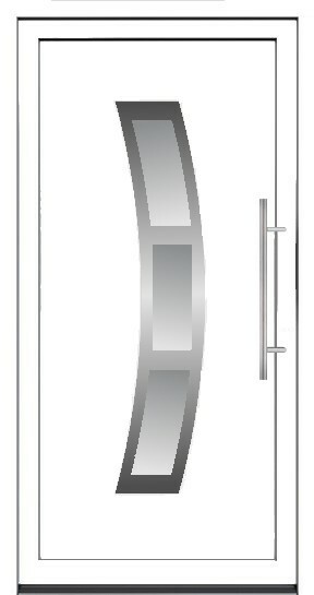 Savremena bela ulazna vrata sa lučnim (zakrivljenim) staklenim panelom podeljenim na tri segmenta.