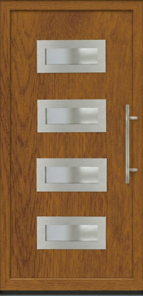 Ulazna vrata PM 007 u dezenu zlatni hrast sa četiri horizontalna staklena panela i modernom metalnom ručkom