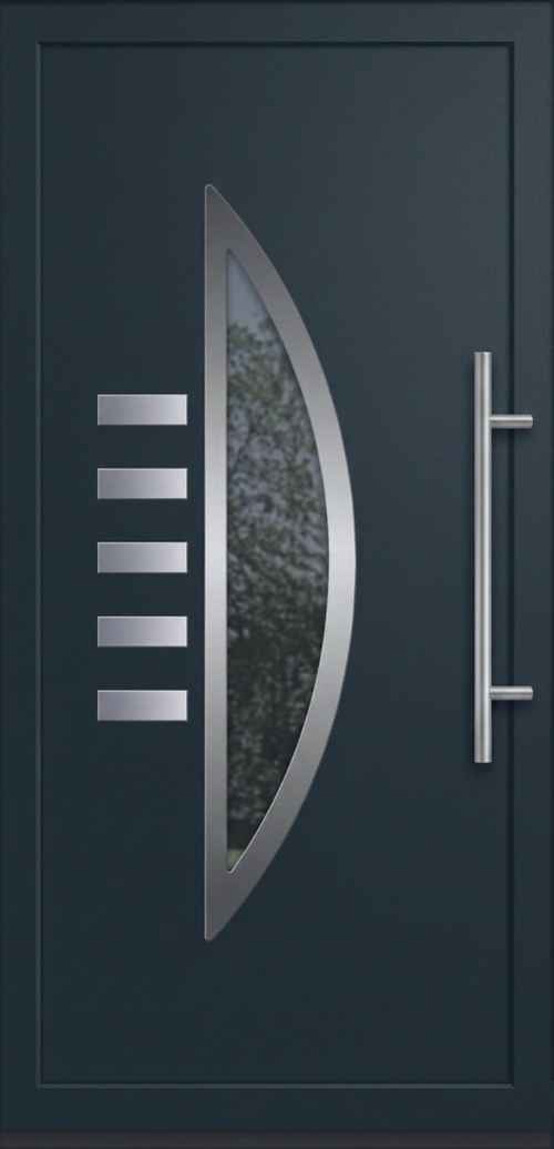 Moderna aluminijumska ulazna vrata PM 024 u antracit boji sa polukružnim staklom i horizontalnim inox detaljima.