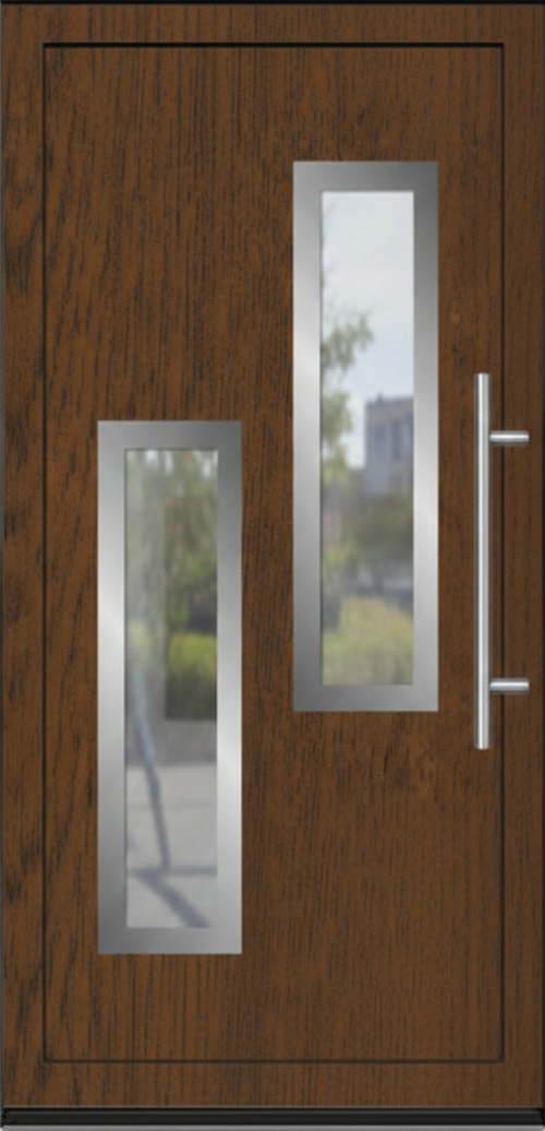 Model ulaznih vrata PM 003 u dezenu orah sa dva vertikalna staklena panela i inox ručkom