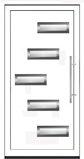 Elegantna bela vrata sa asimetričnim rasporedom pet pravougaonih prozora i vertikalnim inox rukohvatom.