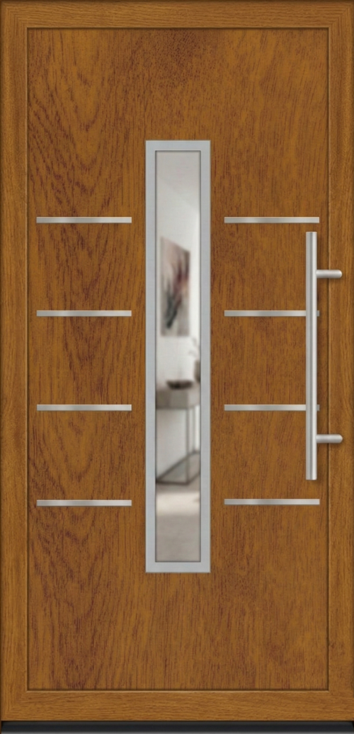 Model ulaznih vrata PM 015 u dezenu zlatni hrast sa vertikalnim staklenim panelom i inox dekorativnim lajsnama