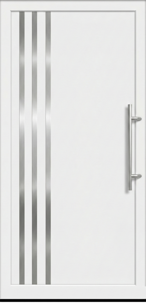 Ulazna vrata model PM 005 u beloj boji sa tri vertikalne dekorativne inox aplikacije sa leve strane i dugom inox ručkom sa desne strane