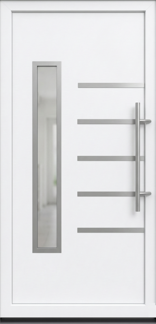 Moderna bela aluminijumska ulazna vrata PM 016 sa vertikalnim staklom i horizontalnim dekorativnim inox aplikacijama.