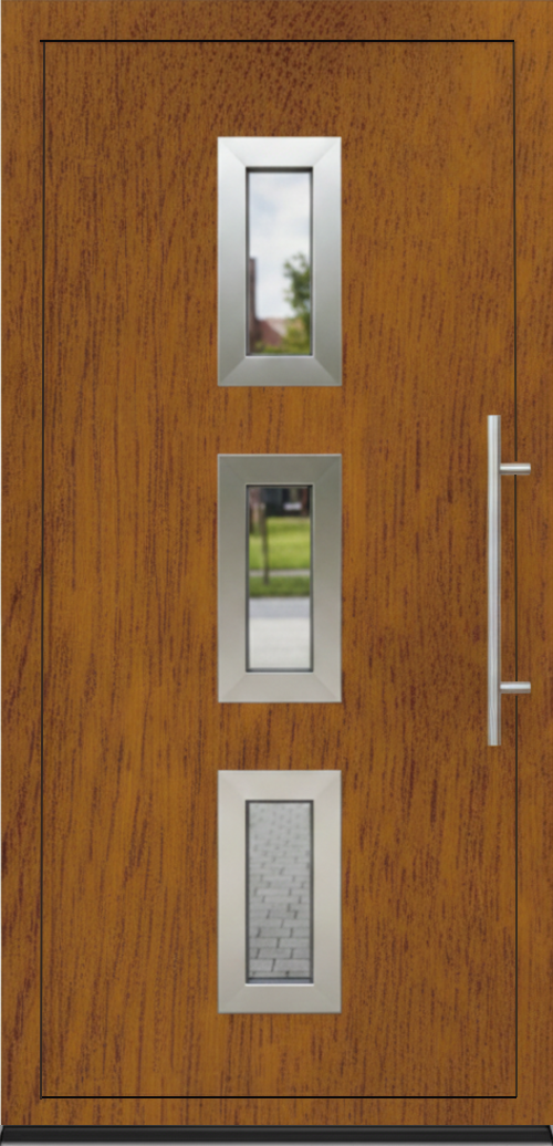 Ulazna vrata PM 004 u dezenu zlatni hrast sa tri vertikalna staklena panela i modernom metalnom ručkom