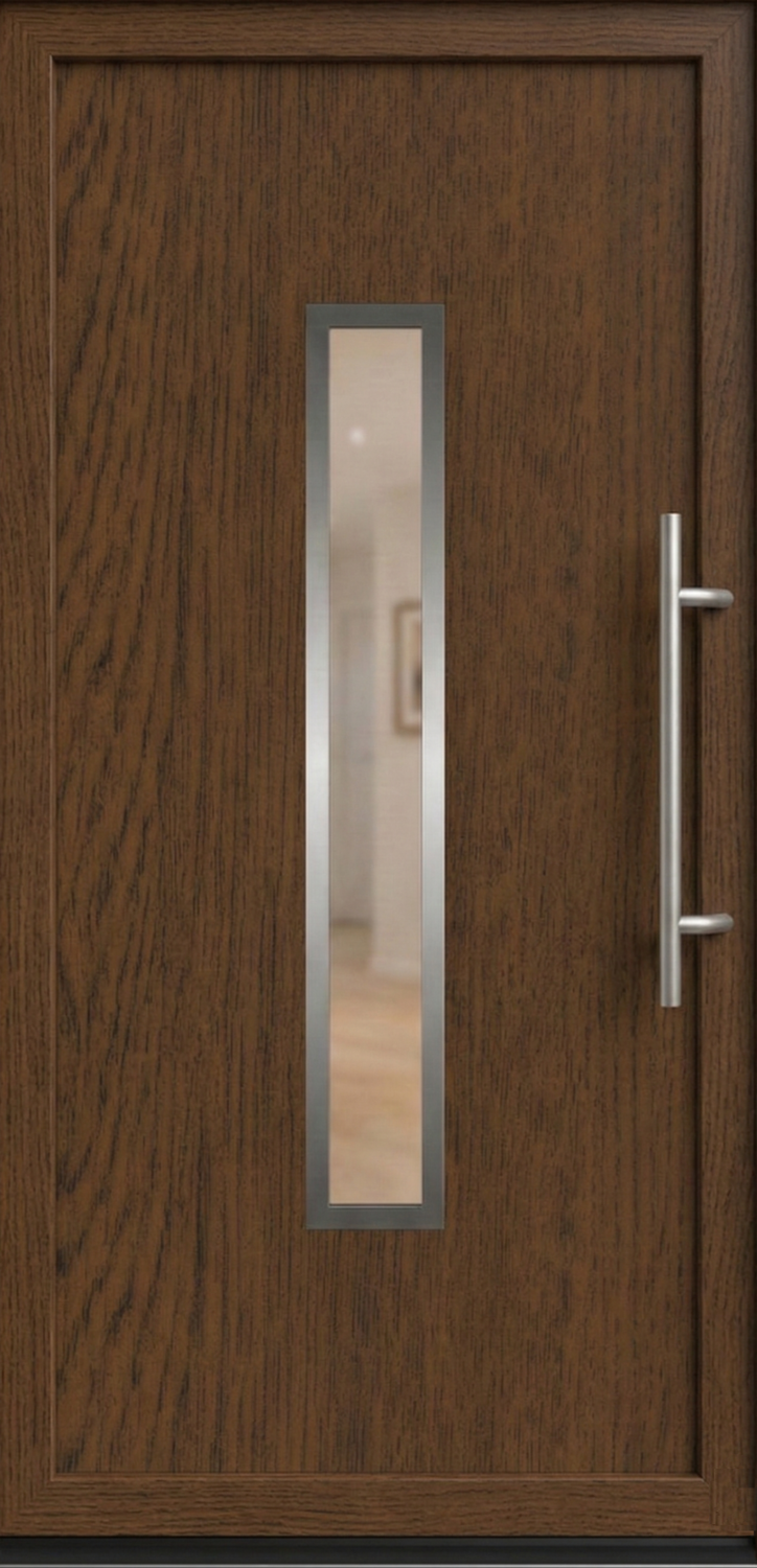 Model ulaznih vrata PM 013 u dezenu orah sa jednim vertikalnim staklenim panelom i inox ručkom