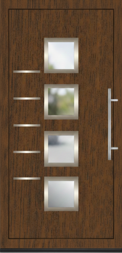 Moderna ulazna vrata u dezenu oraha sa četiri kvadratna staklena panela i dugačkom metalnom ručkom.