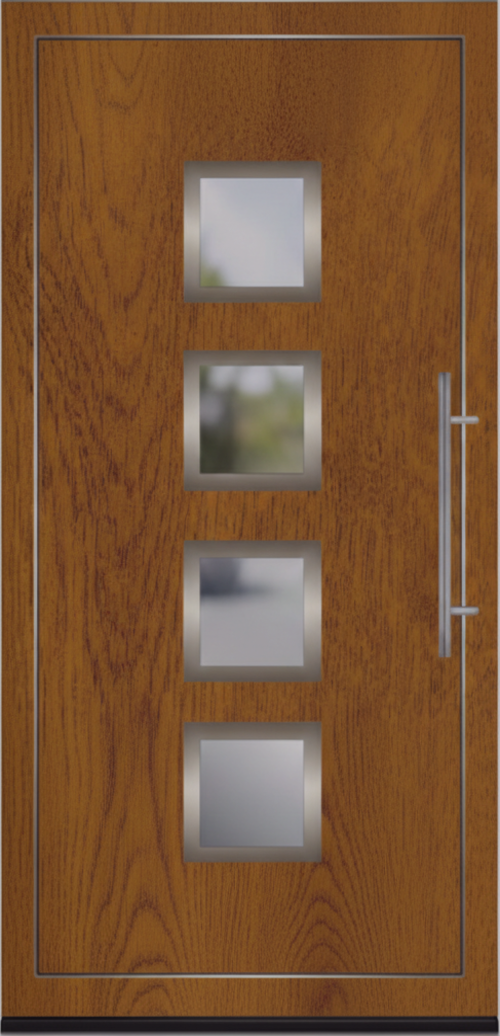 Ulazna vrata model PM 002 u dezenu zlatni hrast sa četiri kvadratna stakla i modernim rukohvatom.