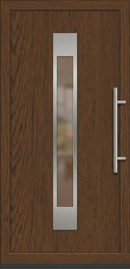 Model ulaznih vrata PM 014 u dezenu orah sa uskim vertikalnim staklenim panelom i inox aplikacijom