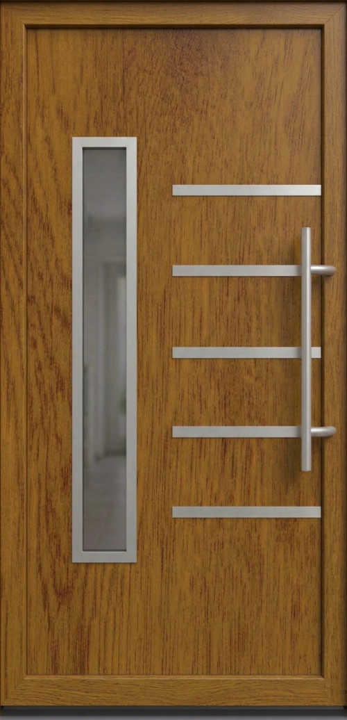 Ulazna vrata model PM 016 u dezenu zlatni hrast sa četiri horizontalne inox aplikacije, velikim staklom levo i inoks rukohvatom.