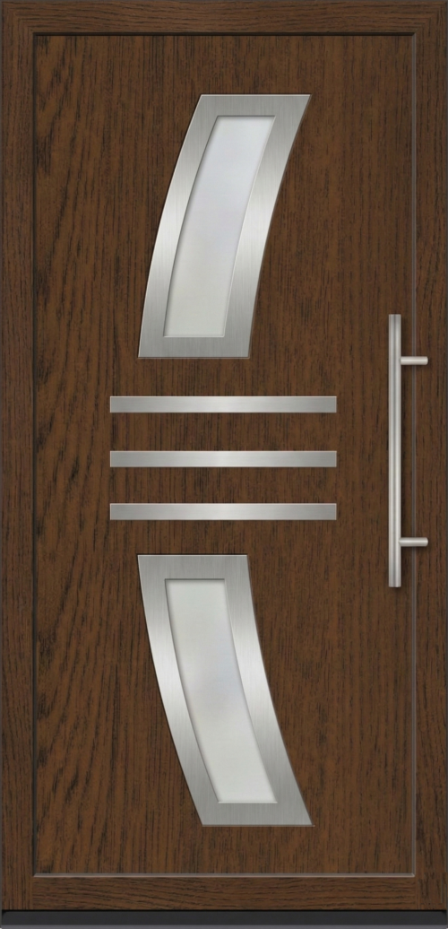 Ulazna vrata model PM 020 u dezenu tamni orah sa četiri horizontalna stakla uokvirena lučnim inox aplikacijama i modernim rukohvatom.
