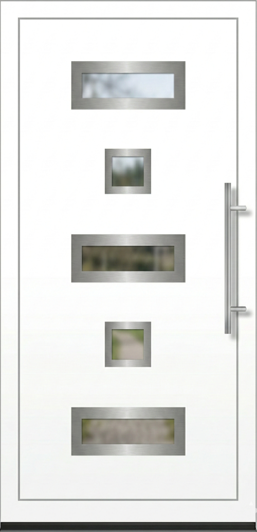 Moderna bela ulazna vrata PM 008 sa pet dekorativnih staklenih umetaka i vertikalnom ručkom.