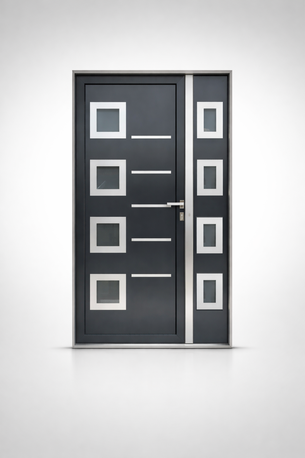 Premium antracit ulazna vrata sa bočnim polupanelom i dekorativnim staklom Moderna antracit ulazna vrata sa panelom i polupanelom, kvadratnim staklenim otvorima i inox detaljima